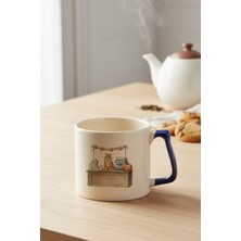 Sonbahar Temalı Sevimli Kedi No:6 Baskılı Lacivert D Kulplu Kupa Bardak