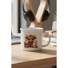Sonabahar Teması Sevimli Inek Baskılı Enamel Görünümlü Seramik Vintage Kupa Bardak