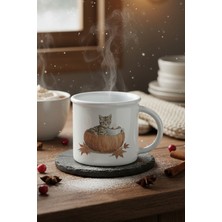 Sonbahar Temalı Sevimli Kedi No:4 Baskılı Enamel Görünümlü Seramik Vintage Kupa Bardak
