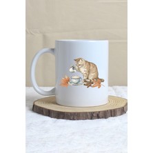 Sonbahar Temalı Sevimli Kedi No:2 Baskılı Hediyelik Kupa Bardak