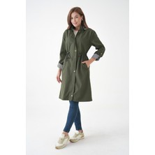 Haki Rüzgar ve Su Geçirmez Çıkarılabilir Kapüşonlu Beli Tünelli Bondit Kumaş Trençkot