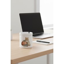 Sonbahar Temalı Sevimli Kedi No:9 Baskılı Seramik Kapaklı Kokusuz Küllük