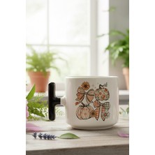 Sonbahar Teması Pumpkin Couqette Baskılı Siyah Renkli T Kulplu Latte Fincanı Kupa