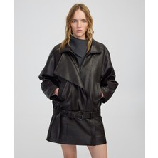 Deri Görünümlü Çift Kat Yakalı Mont IW6250012246074