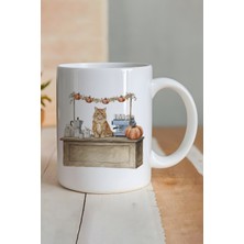 Sonbahar Temalı Sevimli Kedi No:6 Baskılı Hediyelik Kupa Bardak