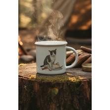 Sonbahar Temalı Sevimli Kedi No:5 Baskılı Enamel Görünümlü Seramik Vintage Kupa Bardak