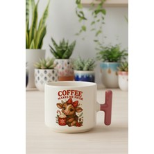Coffee Makes Me Nicer Sevimli Inek Baskılı Pembe Renkli T Kulplu Latte Fincanı Kupa