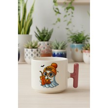 Sonbahar Teması Sevimli Halloween Hayalet Baskılı Pembe Renkli T Kulplu Latte Fincanı Kupa