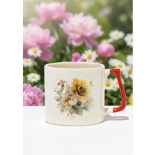 Ayçiçekleri Sonbahar Teması No:3 Baskılı Kırmızı D Kulplu Kupa Bardak