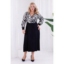 Kadın Siyah Beyaz Zebra Desen Bloklu Kruvaze Yaka Balon Kol Büyük Beden Esnek Maxi Elbise