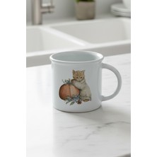Sonbahar Temalı Sevimli Kedi No:9 Baskılı Enamel Görünümlü Seramik Vintage Kupa Bardak