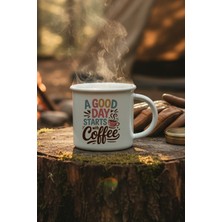 A Good Day Start With Coffee Baskılı Enamel Görünümlü Seramik Vintage Kupa Bardak