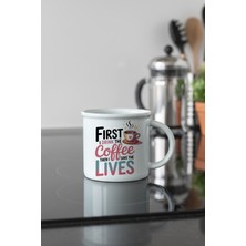 First The Coffee Baskılı Enamel Görünümlü Seramik Vintage Kupa Bardak