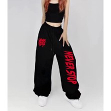 Amor Face Büyük Beden Özel Tasarım Sokak Modası Neverstop Baskılı Kışlık Hip Hop Ispanyol Paça  Kadın Eşofman Altı