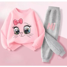 Kids Face Özel Tasarım Hi Pembe Kurdeleli Kedicik Baskılı Kışlık 3 Iplik Kız Çocuk Eşofman Takımı