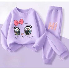 Kids Face Özel Tasarım Hi Pembe Kurdeleli Kedicik Baskılı Kışlık 3 Iplik Kız Çocuk Eşofman Takımı