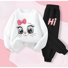 Kids Face Özel Tasarım Hi Pembe Kurdeleli Kedicik Baskılı Kışlık 3 Iplik Kız Çocuk Eşofman Takımı