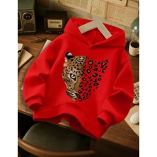 Amor Face Büyük Beden Özel Tasarım Kapüşonlu Leopar Baskılı Oversize 3 Iplik Kadın Sweatshırt
