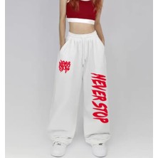 Amor Face Büyük Beden Özel Tasarım Sokak Modası Neverstop Baskılı Kışlık Hip Hop Ispanyol Paça  Kadın Eşofman Altı