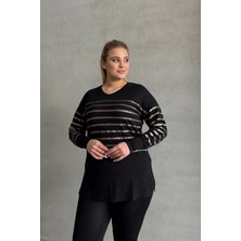 Büyük Beden Uzun Kollu V Yaka Bilekleri Lastikli Bluz 302910