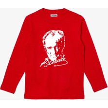 Uzun Kollu Atatürk Silüet ve Imza Baskılı Pamuklu Çocuk Tişört