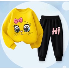 Kids Face Özel Tasarım Hi Pembe Kurdeleli Kedicik Baskılı Kışlık 3 Iplik Kız Çocuk Eşofman Takımı
