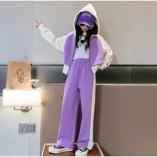 Kids Face Özel Tasarım Kapüşonlu Şerit Dikişli Ispanyol Paça Kışlık Kız Çocuk Luxury Eşofman Takımı