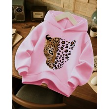 Amor Face Büyük Beden Özel Tasarım Kapüşonlu Leopar Baskılı Oversize 3 Iplik Kadın Sweatshırt