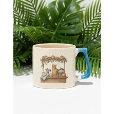 Sonbahar Temalı Sevimli Kedi No:8 Baskılı Mavi D Kulplu Kupa Bardak