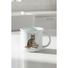Sonbahar Temalı Sevimli Kedi No:7 Baskılı Enamel Görünümlü Seramik Vintage Kupa Bardak