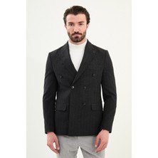 Çizgili Slim Fit Geniş Yaka Kruvaze Yün Erkek Ceket
