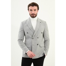 Çizgili Slim Fit Geniş Yaka Kruvaze Yün Erkek Ceket
