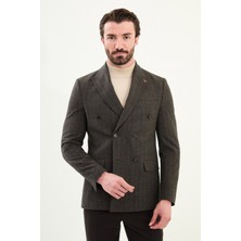 Çizgili Slim Fit Geniş Yaka Kruvaze Yün Erkek Ceket