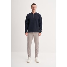 Cazador 53420 Lacivert Erkek Polo Yaka Yarım Fermuarlı Kendinden Desenli Sweatshirt
