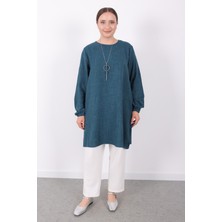 Yazlık Kadın Tunik Petrol Renk İnce Sofia Keten Kolyeli Rahat Kesim Modern Tasarım