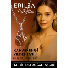 Sertifikalı Gümüş Tel Sargılı Doğal Kahverengi Yıldız Taşı Kolye – 25-30 mm Enerji ve Parıltı Taşı
