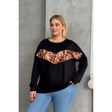 Büyük Beden Bisiklet Yaka Uzun Kollu Leopar Desenli Sweatshirt 300281