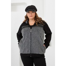 Büyük Beden Kadın Fermuarlı Peluş Detaylı Eşofman Üst