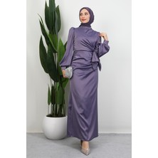 Saten Yan Kuşaklı Elbise Soft Lila