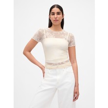 Gap Kadın Krem Çiçek Desenli Dantel T-Shirt