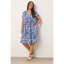 Büyük Beden V Yaka Kısa Kollu Cepli Çiçek Desenli Midi Elbise 616286