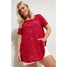 Büyük Beden V Yaka Kısa Kollu Dantel Desen Astarsız T-Shirt 304093