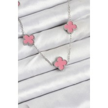 Bfs 316L Çelik Zincir Gümüş Pembe Renk Yonca Kadın Kolye