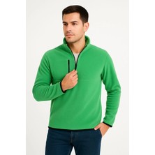Erkek Polar Kazak – Dik Yaka, Yarım Fermuarlı, Fermuarlı Göğüs Cepli, Siyah Biyeli, Kışlık Rahat Regular Fit Günlük Model - Yeşil