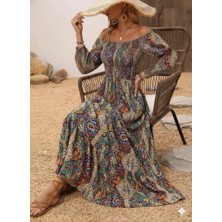 Tua Moda Kadın Düşük Omuzlu Beli Büzgülü Dijital Desenli Kesik Elyaf Süprem Uzun Elbise