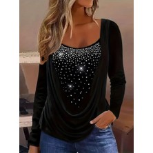 Arben Boutique Kadın Uzun Kollu Derin Degaje Yakalı Taşlı Sandy Bluz