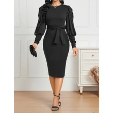 Arben Boutique Kadın Uzun Kollu Bisiklet Yaka Beli Kuşaklı Ithal Krep Midi Elbise