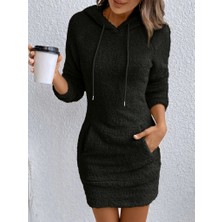 Equri Kadın Uzun Kollu Kapşonlu Cepli Mini Peluş Elbise