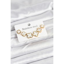 Bfs 316L Çelik Gold Beyaz Renk 3 Boy Yonca Küpe Seti