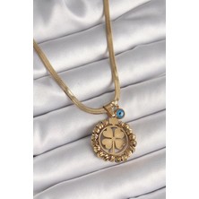 Bfs 316L Çelik Gold Renk Italyan Zincir Dorika Yonca Model Nazar Boncuk Detay Kadın Kolye